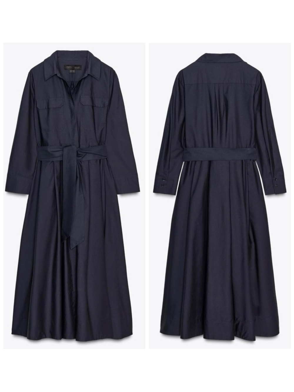 Zara Cotton Poplin Navy Shirt Dress Long Sleeves Turn-Down Collar Pockets Small - Picture 6 of 14